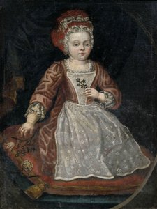 Portret van een klein meisje in een rode jurk met een witte schort door Anonymous
